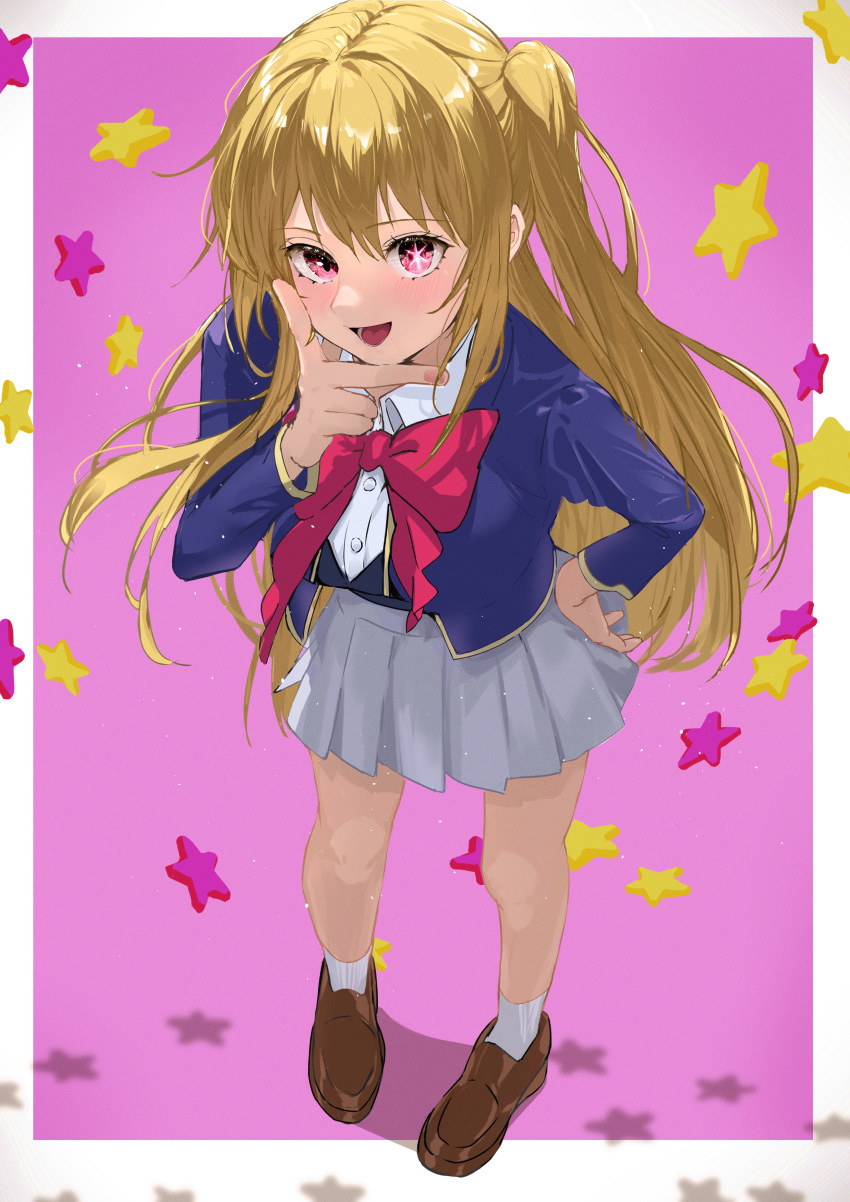 1girl, absurdres, black_vest, blonde_hair, blue_jacket, blush, bow, bowtie