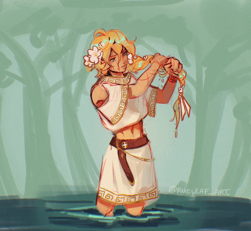1boy, aether_(genshin_impact), ahoge, belt, blonde_hair, braid, brown_belt, cosplay, disney, flower, forest, genshin_impact, hair_flower, hair_ornament, hand_in_own_hair, hercules_(1997_film), hercules_(disney), hercules_(disney)_(cosplay), highres, in_water, long_hair, male_focus, nature, rueleaf, shirt, sketch, skirt, solo, white_flower, white_shirt, white_skirt, yellow_eyes