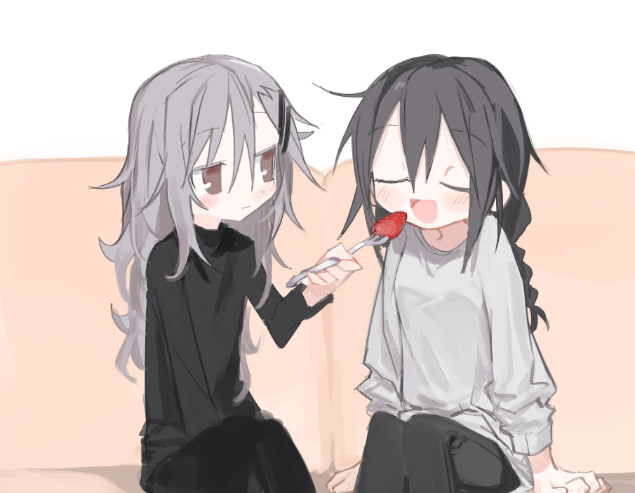 2girls, agoshi_sakina, arm_support, black_hair, black_pants, black_shirt, blush, braid