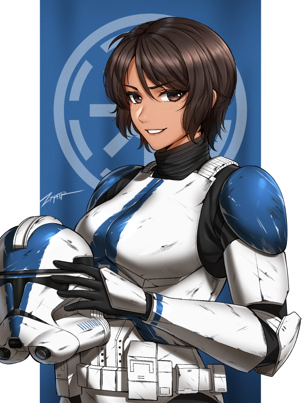 1girl, 501st_legion, armor, armored_boots, armored_gloves, boots, breasts, brown_eyes