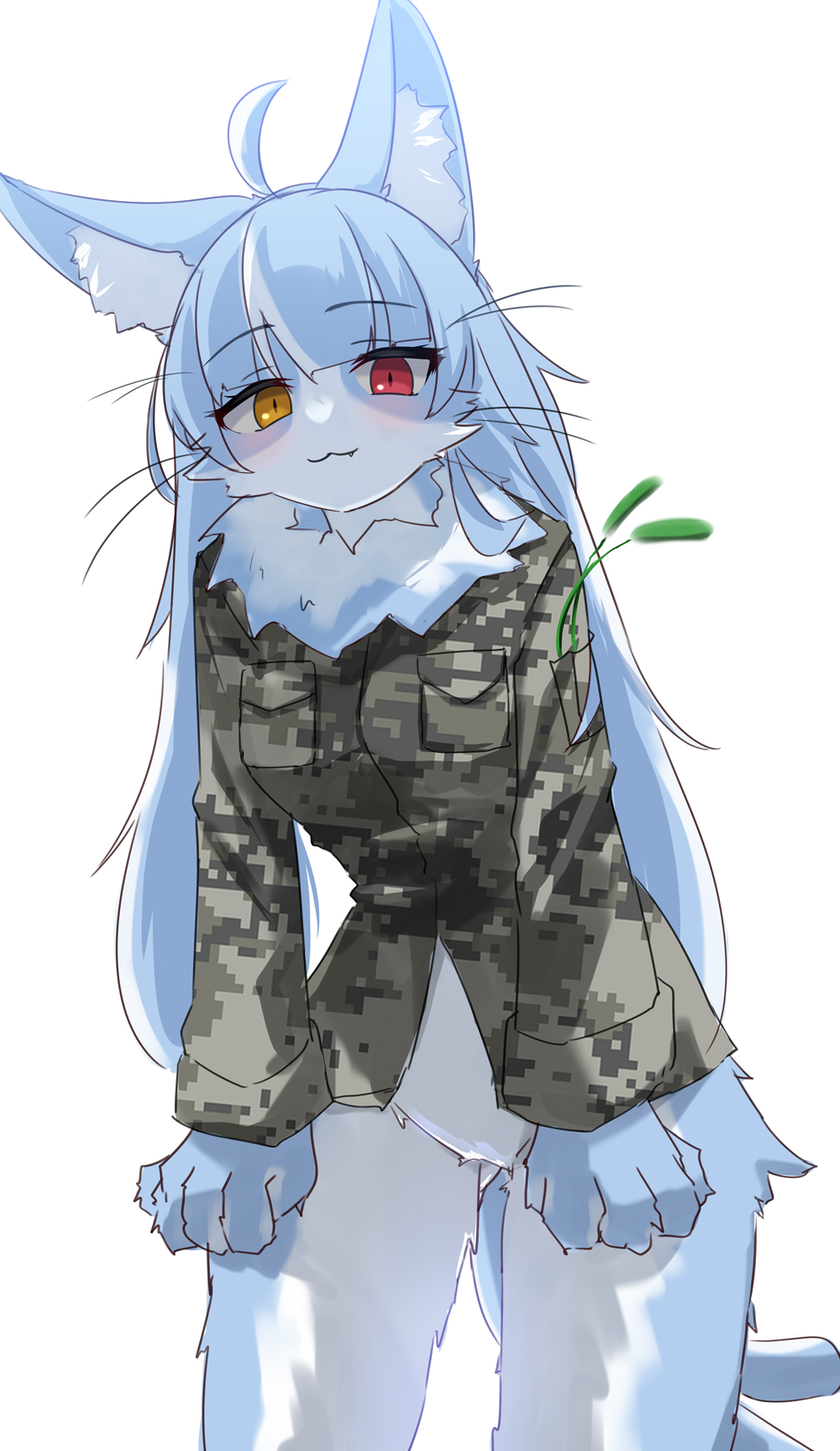 1boy, :3, ahoge, animal_ear_fluff, animal_ears, blush, camouflage, camouflage_jacket