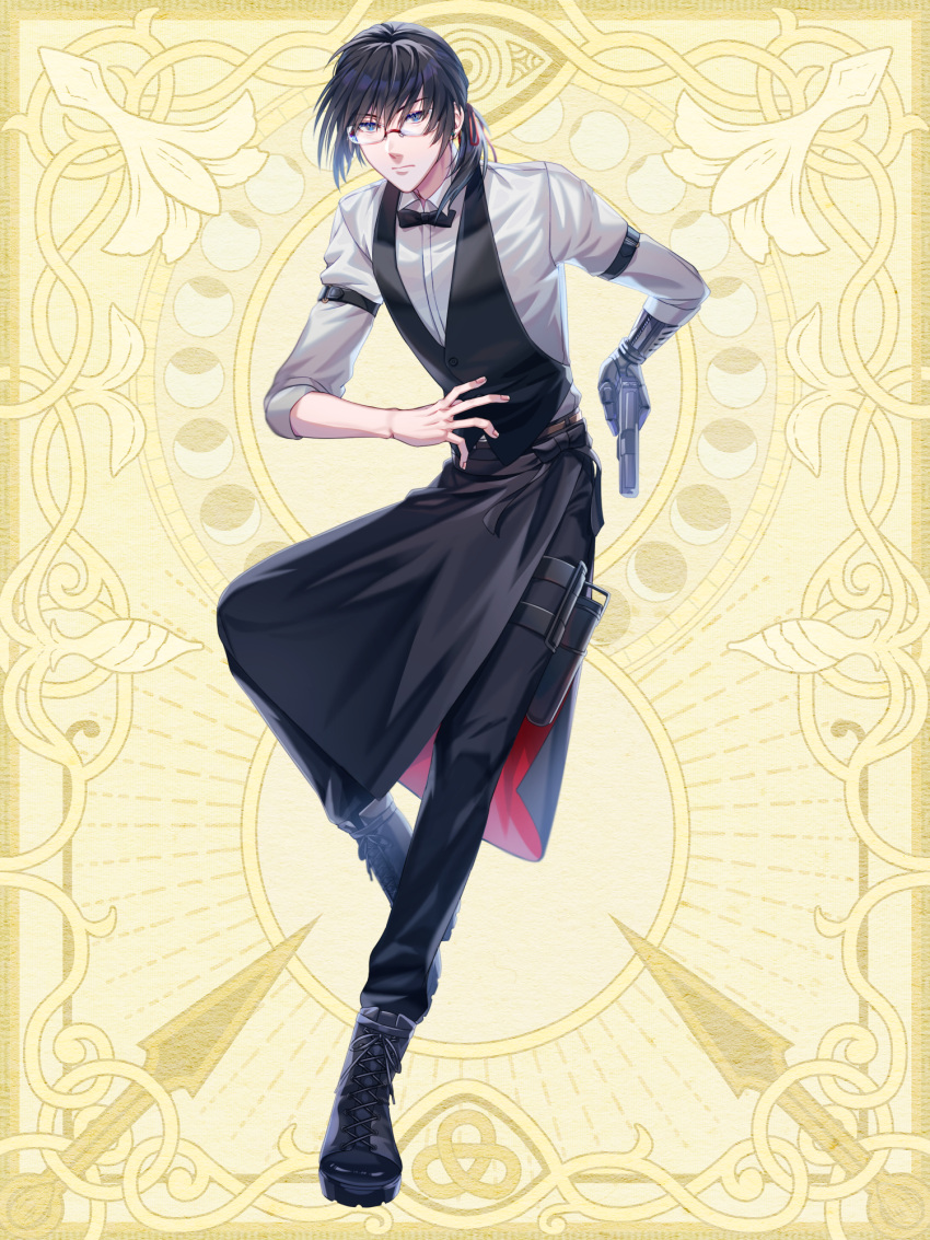 1boy, apron, bartender, belt, black_bow, black_bowtie, black_footwear, black_hair