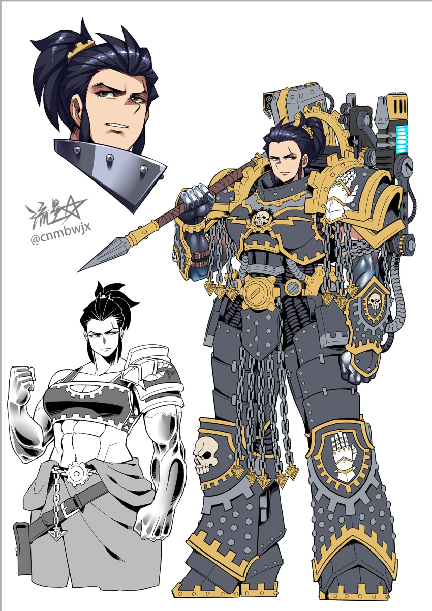 1girl, armor, belt, black_armor, black_hair, breastplate, breasts, chain