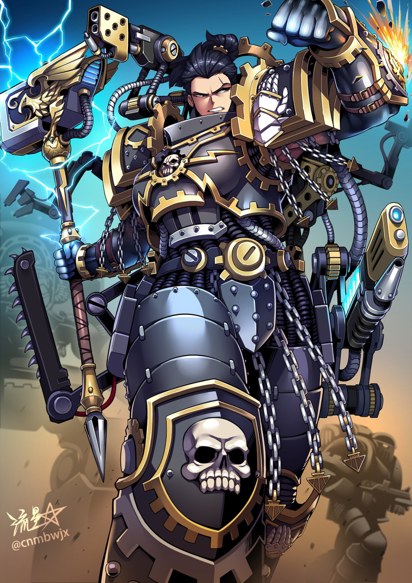 1girl, adeptus_astartes, armor, black_armor, black_hair, breastplate, breasts, chain