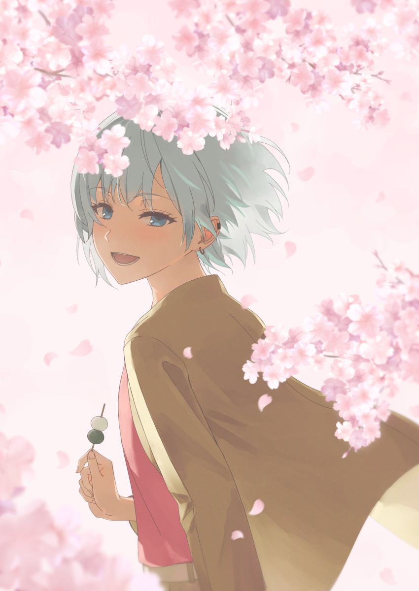 1boy, 9640chikin, androgynous, belt, blue_eyes, blush, brown_jacket, brown_pants