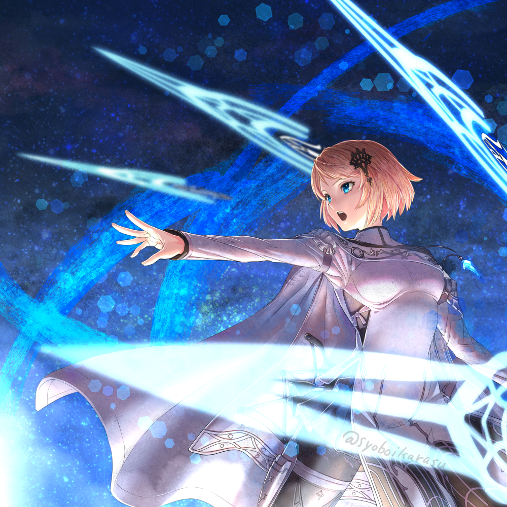 1girl, armor, blonde_hair, blue_background, blue_eyes, breasts, dress, gold_trim, hair_ornament, harvestella, long_sleeves, looking_to_the_side, open_mouth, outstretched_arm, shiroi_karasu, short_hair, simple_background, small_breasts, solo, teeth, telekinesis, upper_teeth_only, white_dress