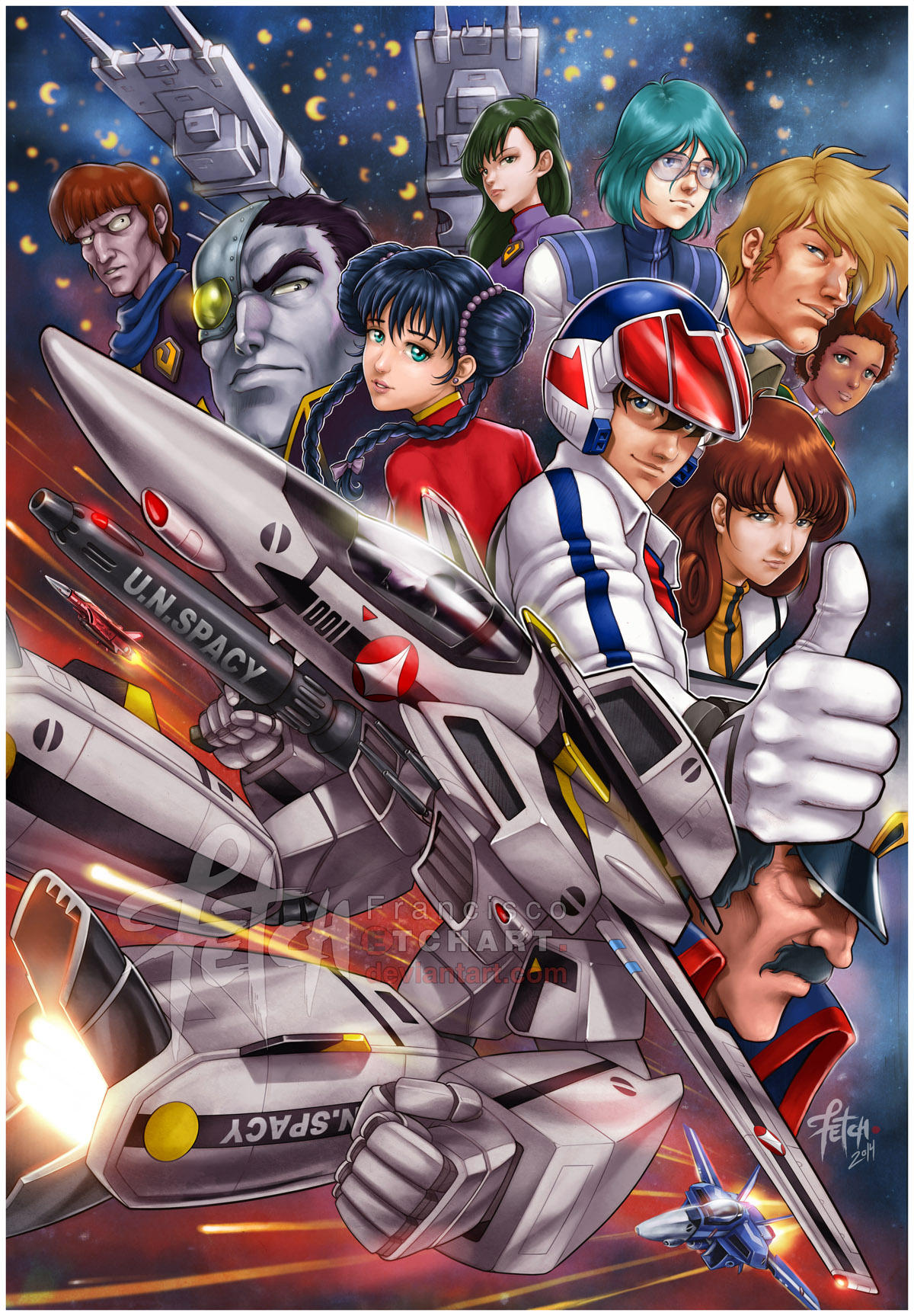 4girls, 6+boys, battle, breetai, bruno_j._global, china_dress, chinese_clothes, choujikuu_yousai_macross, claudia_lasalle, cyborg, dress, exedore, explosion, exsedol_folmo, faceplate, fleet, franciscoetchart, gerwalk, giant, gunpod, hayase_misa, highres, ichijou_hikaru, lisa_hayes, looking_at_viewer, lynn_minmay, maclone, macross, maximilian_jenius, mecha, millia_jenius, multiple_boys, multiple_girls, pilot_suit, rick_hunter, robot, robotech, roundel, roy_focker, science_fiction, sdf-1, signature, space, spacecraft, spacesuit, thumbs_up, u.n._spacy, variable_fighter, veritech, vf-1, vf-1s, western_comics_(style), zentradi