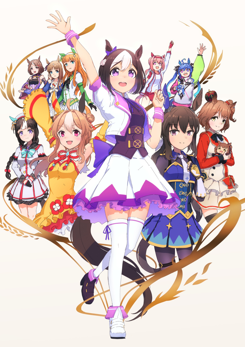 6+girls, :d, absurdres, admire_vega_(umamusume), ahoge, animal_ears, arm_up, arms_up
