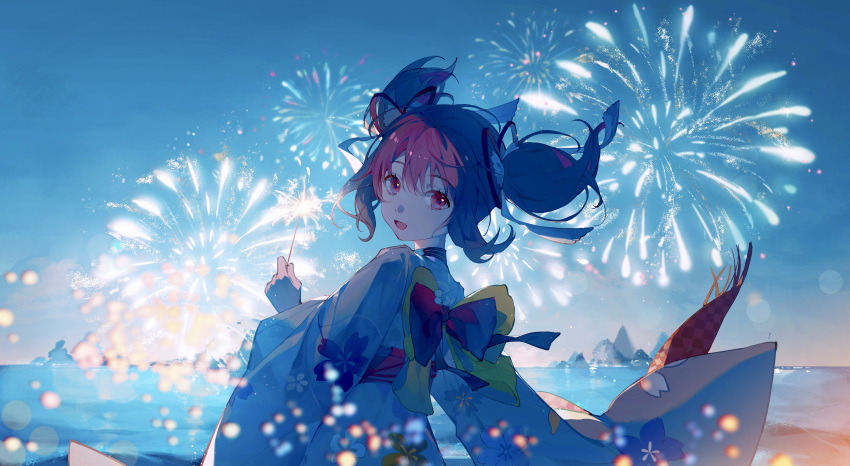 1girl, absurdres, back_bow, blue_sky, blue_theme, blurry, bokeh, bow