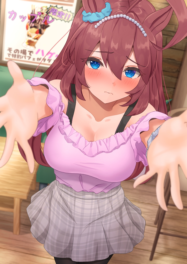 1girl, ahoge, animal_ears, bar_stool, blue_eyes, blush, brown_hair, cafe, chain, commentary_request, horse_ears, horse_girl, komugikokonko, mihono_bourbon_(umamusume), off-shoulder_shirt, off_shoulder, plaid, plaid_skirt, pleated_skirt, restaurant, shirt, skirt, solo, stool, table, umamusume