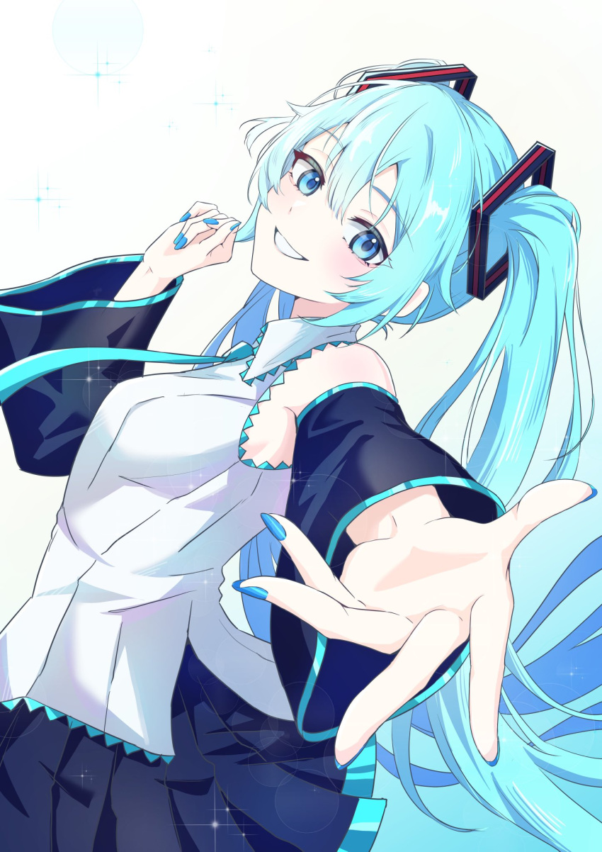 1girl, aqua_eyes, aqua_hair, aqua_nails, aqua_necktie, awai_uta, bare_shoulders, black_skirt, black_sleeves, breasts, collared_shirt, detached_sleeves, hair_between_eyes, hair_ornament, hatsune_miku, highres, light_blush, long_hair, looking_at_viewer, medium_breasts, necktie, open_hand, outstretched_hand, parted_lips, pleated_skirt, shirt, sidelocks, skirt, sleeveless, sleeveless_shirt, smile, solo, sparkle, twintails, upper_body, very_long_hair, vocaloid, white_shirt, wide_sleeves