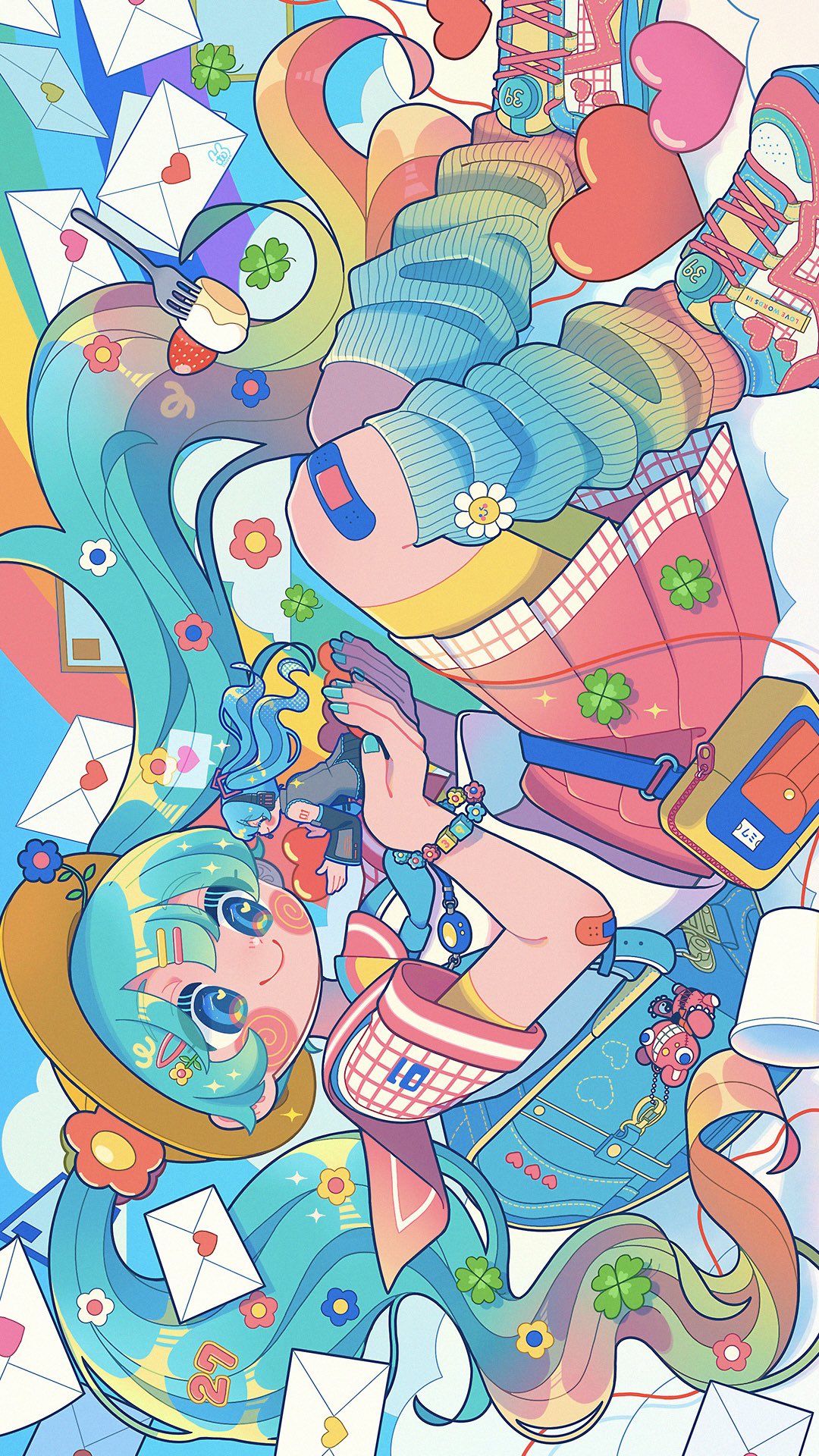 2girls, 39, ai_kotoba_iii_(vocaloid), anime_coloring, aqua_hair, aqua_nails, backpack, bag, bandaid, bandaid_on_arm, bandaid_on_knee, bandaid_on_leg, bike_shorts, black_skirt, black_sleeves, blonde_hair, blue_bag, blue_eyes, blue_flower, blue_hair, blue_necktie, blue_sky, blush, blush_stickers, bracelet, bucket_hat, cake, charm_(object), clouds, cloudy_sky, clover, colored_tips, colorful, commentary, daisy, detached_sleeves, dual_persona, english_commentary, envelope, fanny_pack, fingernails, flower, food, fork, four-leaf_clover, fruit, full_body, gradient_hair, gradient_legwear, green_hair, grey_shirt, hair_between_eyes, hair_flower, hair_ornament, hairclip, halftone, hands_up, happy, hat, hatsune_miku, headset, heart, heart_in_eye, highres, holding, holding_heart, isachiyo, jewelry, leaf, letter, long_hair, loose_socks, love_letter, mini_person, minigirl, multicolored_clothes, multicolored_footwear, multicolored_hair, multicolored_legwear, multiple_girls, name_tag, necktie, nose_blush, one_eye_closed, orange_hair, pin, pink_sailor_collar, pink_skirt, plaid, plaid_skirt, pleated_skirt, rainbow, rainbow_legwear, red_flower, redhead, sailor_collar, shirt, shoelaces, shoes, short_sleeves, shorts, sidelocks, signature, skirt, sky, sleeveless, sleeveless_shirt, smile, sneakers, socks, song_name, sparkle, speech_bubble, spoken_heart, strawberry, strawberry_shortcake, string_phone, symbol_in_eye, tareme, twintails, upside-down, very_long_hair, vocaloid, wavy_hair, white_flower, white_shirt, wide_sleeves, yellow_flower, yellow_headwear, yellow_shorts