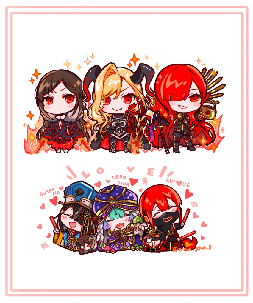 1boy, 5girls, aqua_hair, black_hair, blonde_hair, brown_hair, cape, chibi