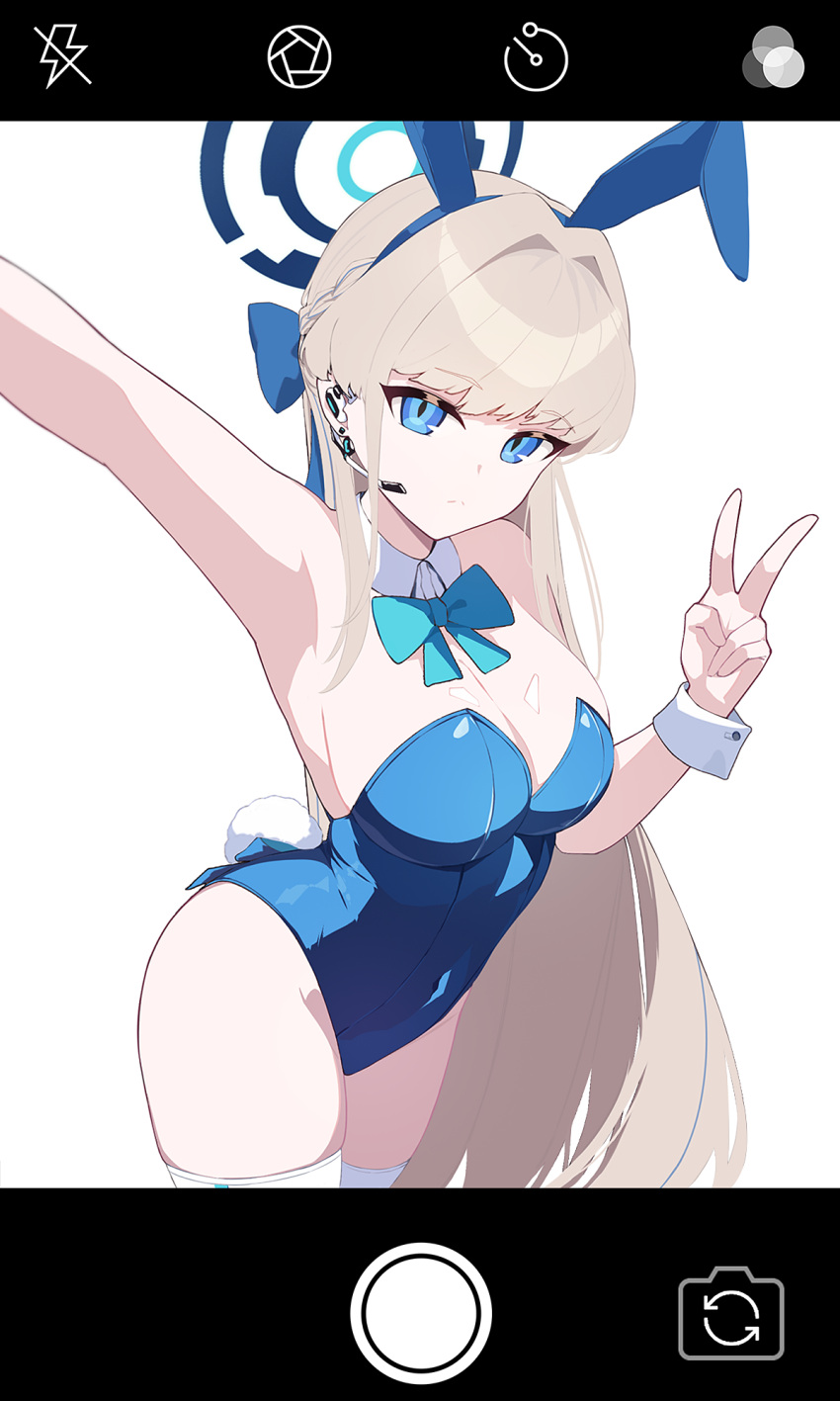 1girl, animal_ears, blonde_hair, blue_archive, blue_bow, blue_eyes, blue_leotard, blue_necktie