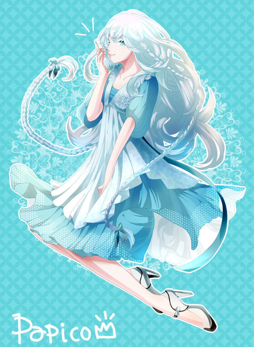 1girl, blue_background, blue_eyes, blue_nails, bottle, braid, copyright_name, high_heels