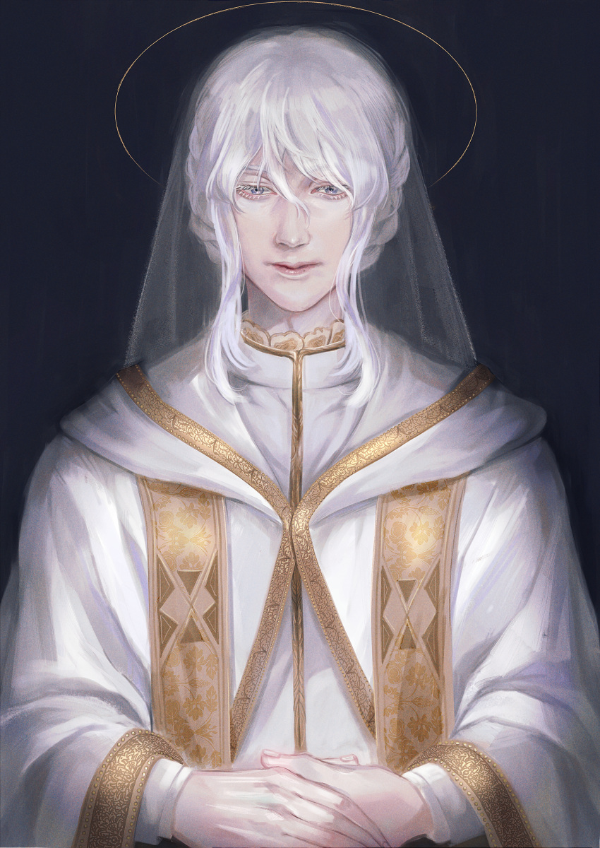 1boy, absurdres, black_background, gold_trim, grey_eyes, halo, highres, long_hair