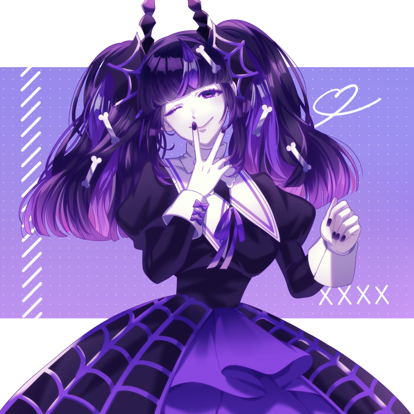 1girl, ;), absurdres, black_dress, black_hair, bone_hair_ornament, character_request, dress