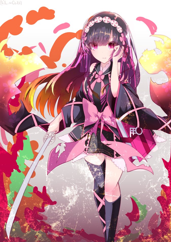 1girl, asymmetrical_legwear, bare_shoulders, black_dress, black_hair, black_skirt, blunt_bangs, book, bow, closed_mouth, detached_sleeves, dress, fiery_background, fire, hair_ornament, hairband, hand_in_own_hair, hand_up, holding, holding_sword, holding_weapon, katana, laica, leg_ribbon, long_hair, pink_eyes, pink_ribbon, ribbon, skirt, solo, suishinshi_masahide_(tenka_hyakken), sword, tenka_hyakken, waist_bow, weapon, wide_sleeves