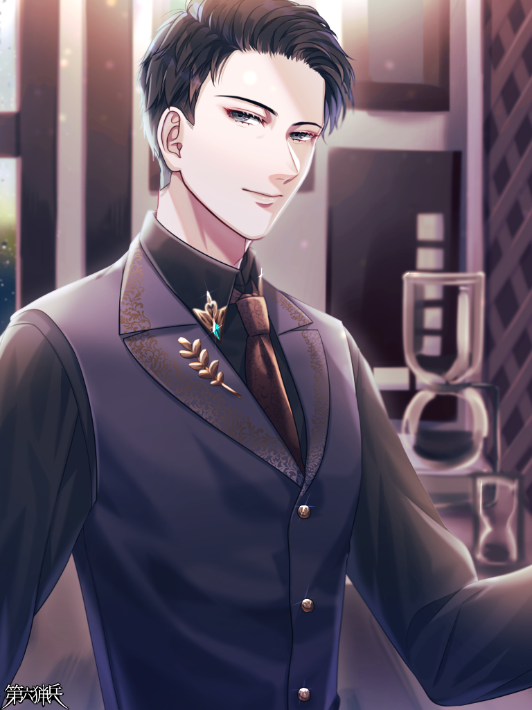 1boy, black_shirt, brown_necktie, dairoku_ryouhei, grey_eyes, indoors, lapel_pin, looking_at_viewer