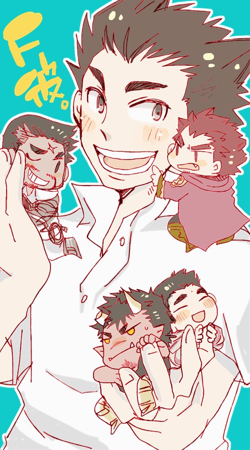 5boys, beard, black_hair, blue_background, blush, broken_horn, chibi, collared_shirt