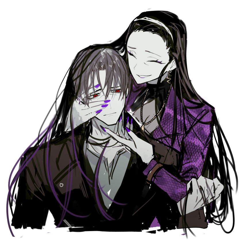 1boy, 1girl, absurdres, black_hair, black_jacket, closed_eyes, closed_mouth, flower, grey_hair, grey_shirt, hair_flower, hair_ornament, hair_pulled_back, hairband, highres, holding_another's_hair, iori_(project_moon), jacket, jewelry, leviathan_(project_moon), looking_to_the_side, necklace, project_moon, purple_jacket, purple_nails, red_eyes, remsrar, scale_print, shirt, simple_background, smile, vergilius_(project_moon), white_background, white_hairband