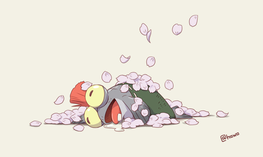 artist_name, closed_eyes, colored_sclera, commentary_request, falling_petals, green_pants, lying, mohawk