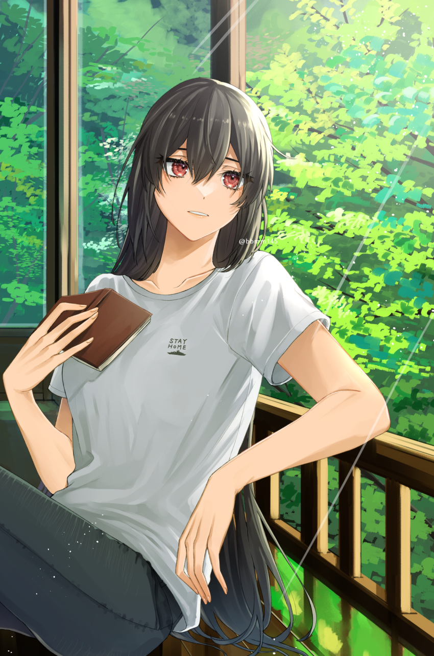 1girl, alternate_costume, artist_name, black_hair, collarbone, english_text, foliage, grey_pants