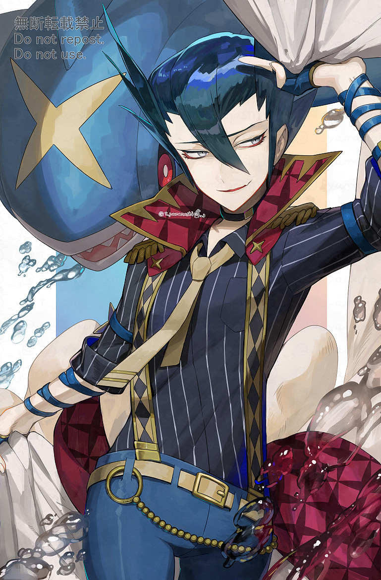 1boy, alternate_color, arm_up, belt, black_hair, blue_pants, collared_shirt, commentary_request, eyelashes, fingerless_gloves, gloves, grey_eyes, grimsley_(pokemon), grimsley_(sygna_suit)_(pokemon), hair_between_eyes, looking_down, male_focus, necktie, official_alternate_costume, pants, pokemon, pokemon_(creature), pokemon_(game), pokemon_masters_ex, red_eyeliner, sharpedo, shirt, smile, water, watermark, yamanashi_taiki, yellow_belt, yellow_necktie