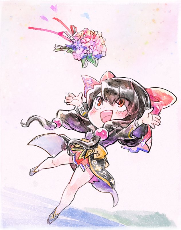 1girl, arms_up, bare_legs, black_footwear, black_hair, bouquet, bow, catching