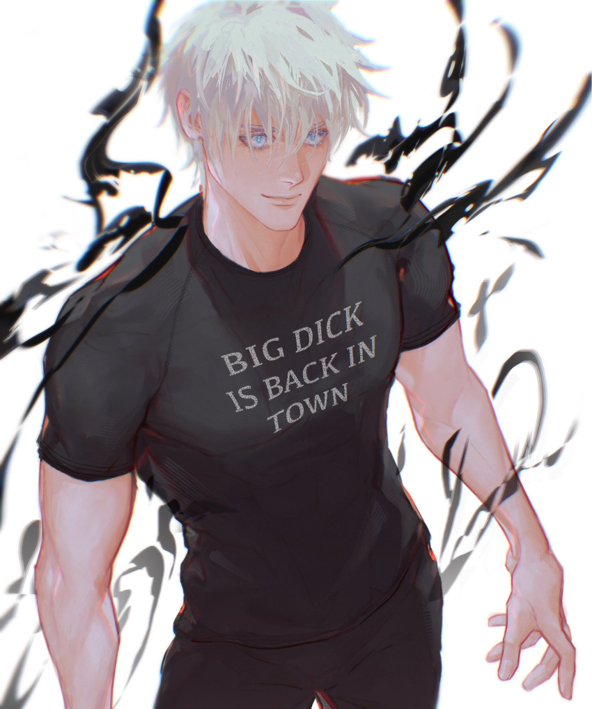 1boy, artistdkt, black_pants, black_shirt, blue_eyes, closed_mouth, gojou_satoru, highres