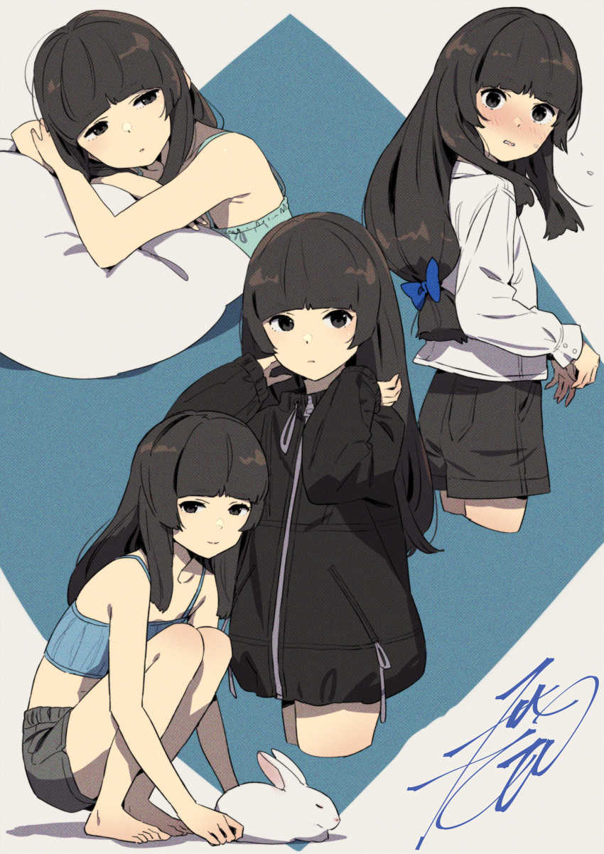 1girl, barefoot, black_hair, black_jacket, black_shorts, blue_bow, blue_camisole, blunt_bangs