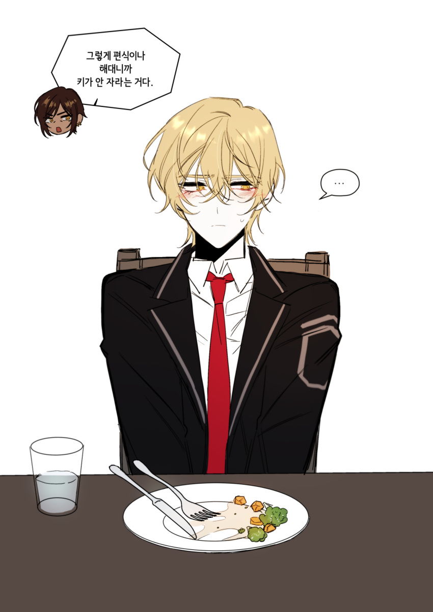..., 1boy, 1girl, absurdres, black_jacket, blonde_hair, brown_hair, chel_(ttt_lc)
