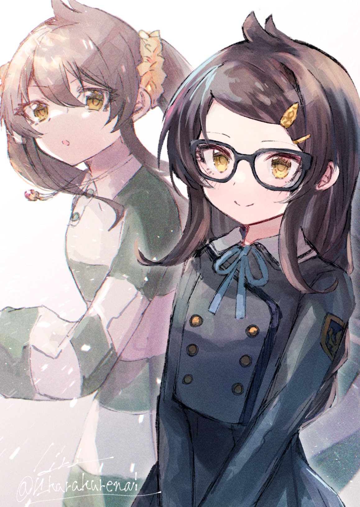 1girl, bespectacled, black_hair, blue_shirt, blue_skirt, blush, dress, glasses, h_karakurenai, highres, idolmaster, idolmaster_cinderella_girls, idolmaster_cinderella_girls_starlight_stage, idolmaster_cinderella_girls_u149, long_hair, looking_ahead, matoba_risa, projected_inset, school_uniform, shirt, simple_background, skirt, smile, striped, striped_dress, swept_bangs, twintails, twitter_username, upper_body, very_long_hair, white_background