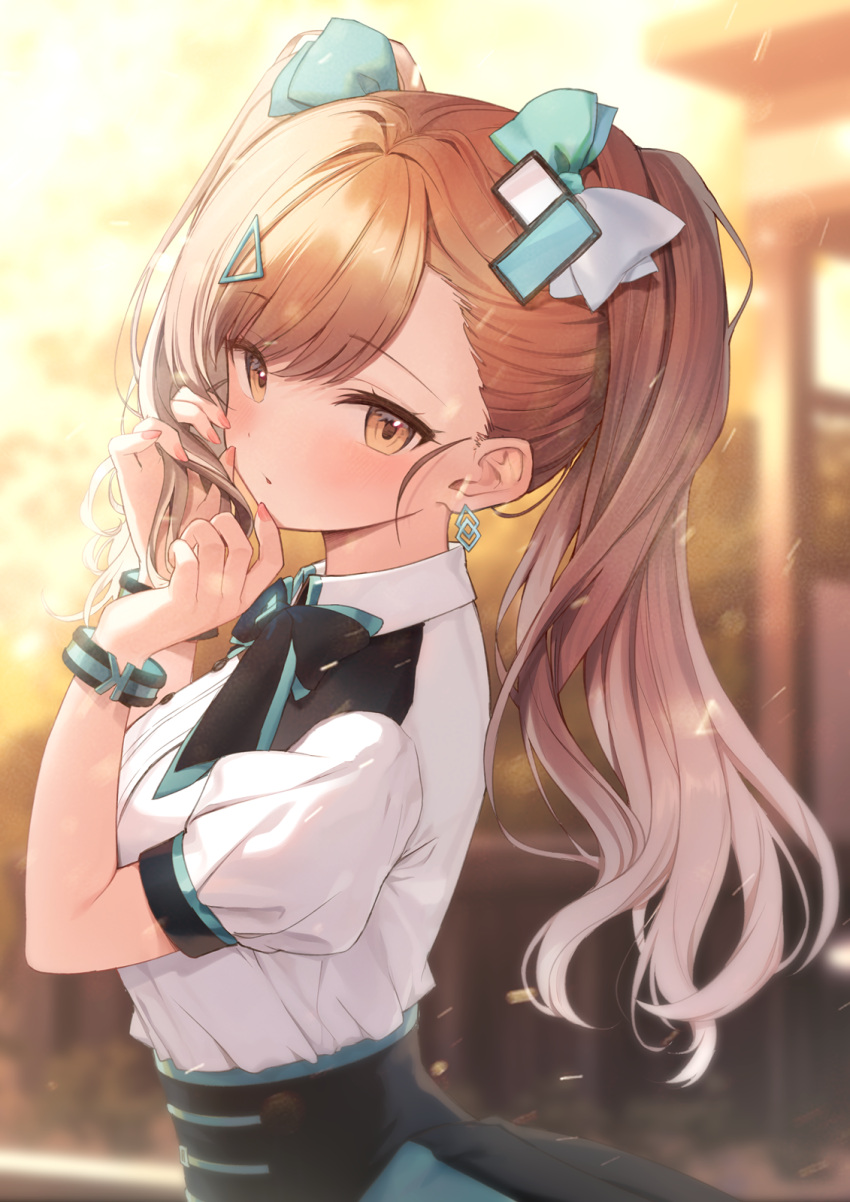1girl, black_bow, black_bowtie, black_skirt, bow, bowtie, bracelet, breasts