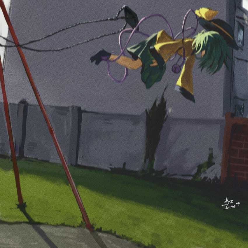 1girl, day, flying, from_side, green_hair, green_skirt, hat, hat_removed