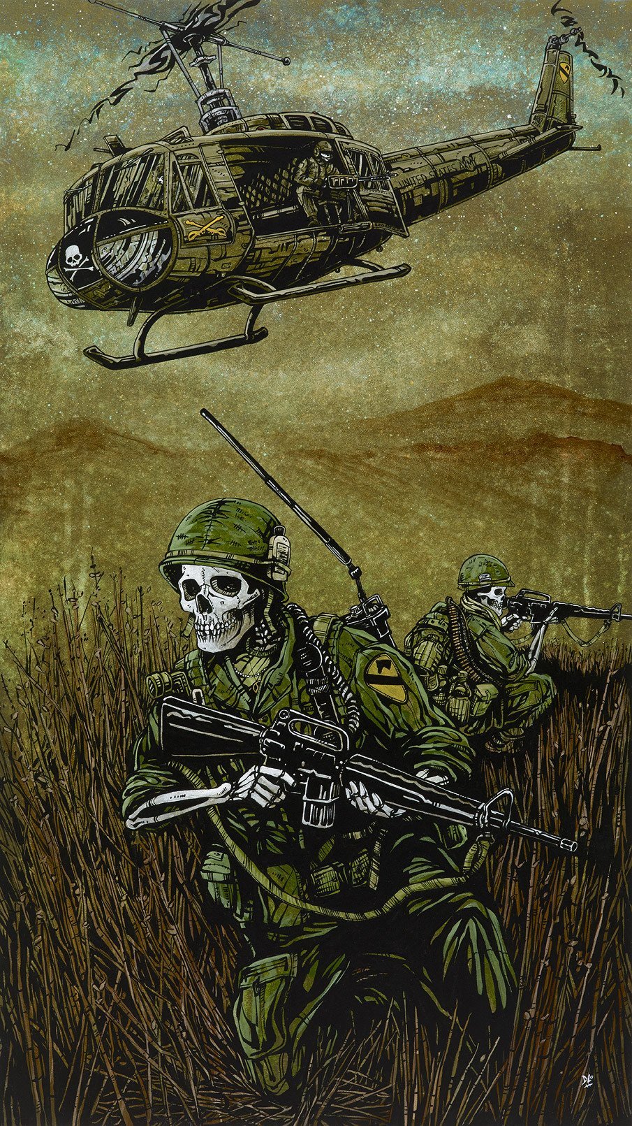 3others, aiming, aircraft, ammunition, ammunition_belt, ammunition_box, ammunition_pouch, assault_rifle, belt, brown_sky, canteen, chin_strap, collared_shirt, combat_helmet, commentary, david_lozeau, english_commentary, english_text, facing_to_the_side, feet_out_of_frame, field_radio, flying, grass, green_belt, green_headwear, green_pants, green_shirt, gun, handle, helicopter, helmet, highres, holding, holding_gun, holding_weapon, jewelry, load_bearing_equipment, lotion_bottle, m16, m1_helmet, machine_gun, military, military_helmet, military_vehicle, mountainous_horizon, multicolored_sky, multiple_others, necklace, open_collar, open_door, original, other_focus, outdoors, pants, patch, plastic_bottle, pocket, pouch, radio_antenna, rifle, rifle_cartridge, shirt, shoulder_patches, skeleton, skull, skull_and_crossbones, sky, sleeves_rolled_up, sling, soldier, squatting, standing, star_(sky), starry_sky, tall_grass, uh-1_iroquois, undone_chin_strap, united_states_army, utility_belt, vietnam_war, weapon
