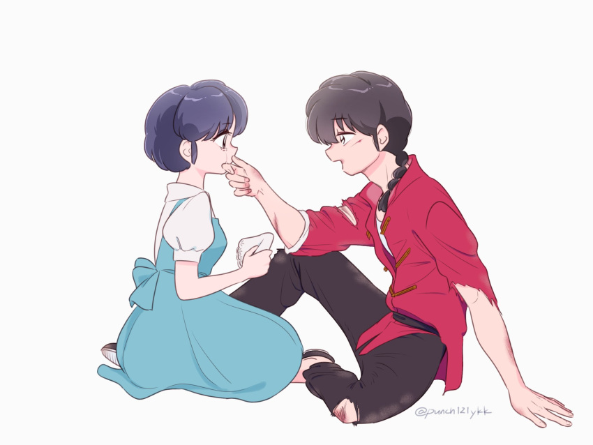 1boy, 1girl, artist_name, black_footwear, blue_hair, braid, braided_ponytail, couple, fuurinkan_high_school_uniform, highres, open_mouth, punch121ykk, ranma-chan, ranma_1/2, school_uniform, short_hair, simple_background, tendou_akane, twitter_username, white_background