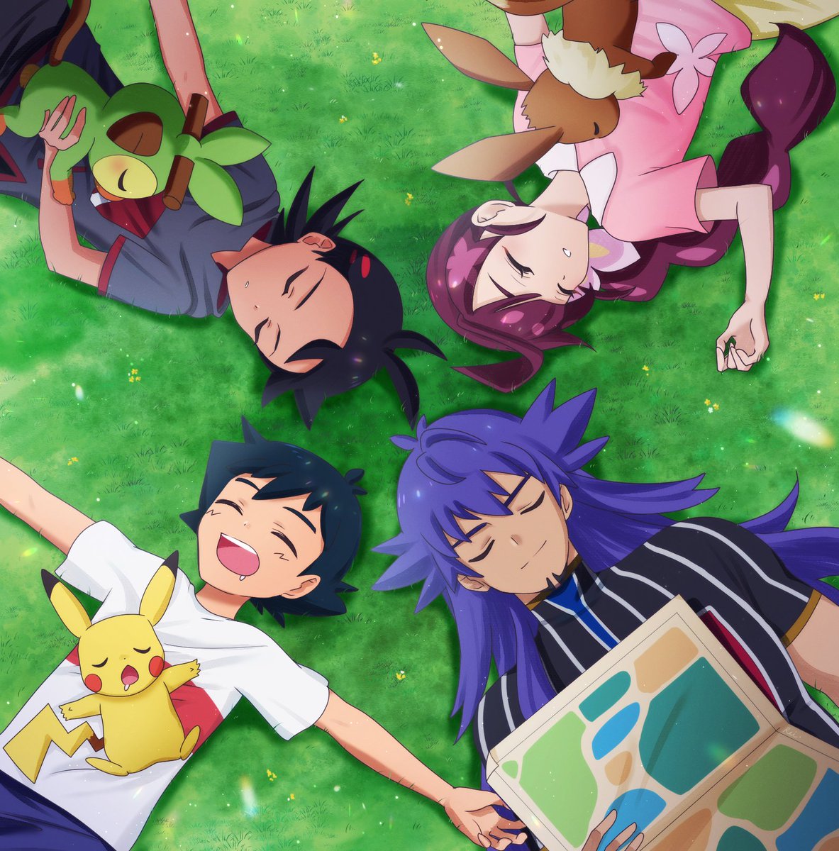 1girl, 3boys, ash_ketchum, black_hair, black_shirt, chloe_(pokemon), closed_eyes, closed_mouth