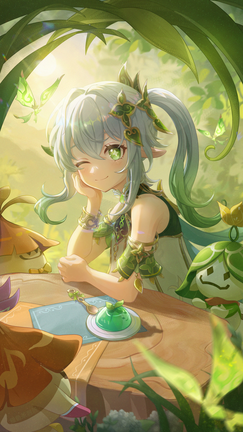 1girl, ;), absurdres, arama_(genshin_impact), aranakin_(genshin_impact), arayasa_(genshin_impact), arm_support, bare_shoulders