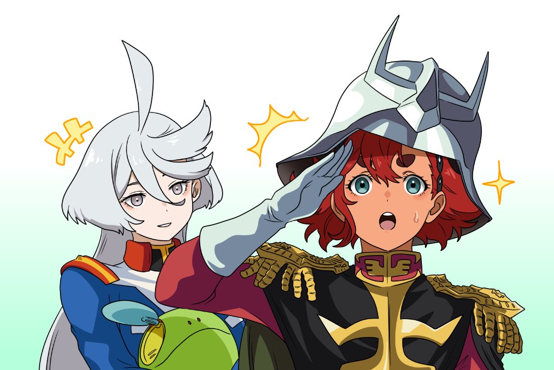 +++, 2girls, :o, ahoge, amuro_ray, amuro_ray_(cosplay), blue_eyes, char_aznable