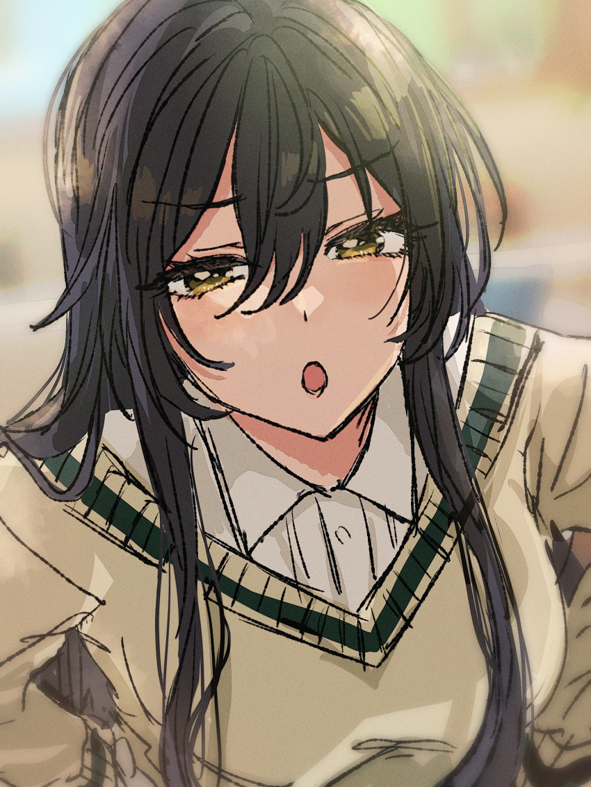 1girl, black_hair, blurry, blurry_background, collared_shirt, hair_between_eyes, hands_on_own_hips, highres