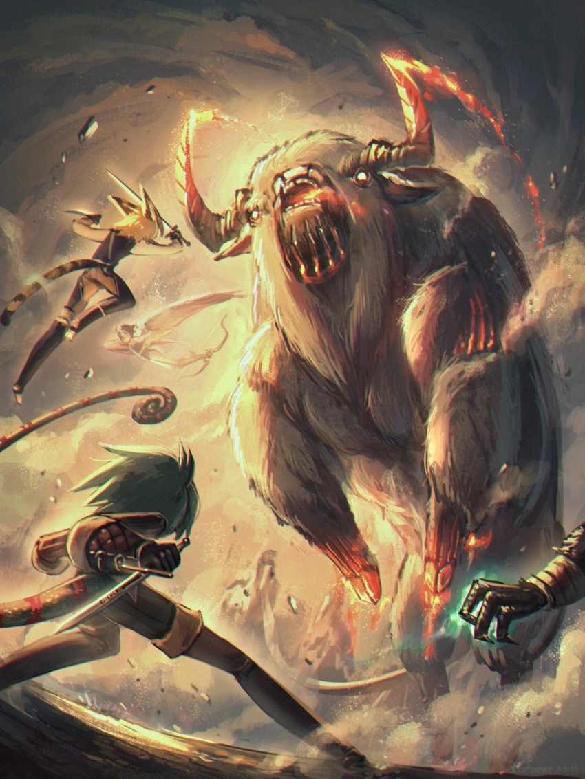 1other, 3girls, animal_ears, animal_request, battle, bird_legs, black_gloves, black_hair