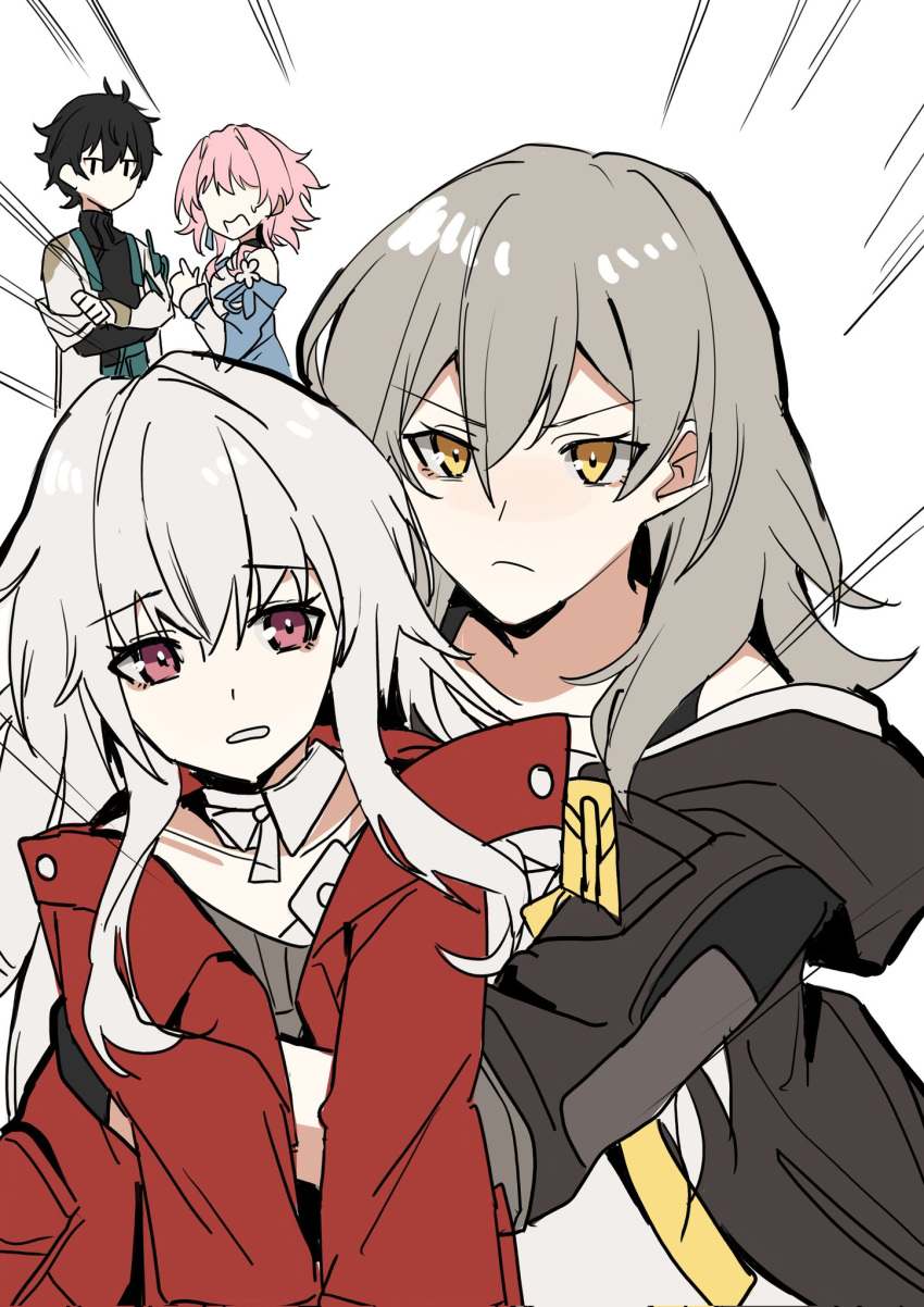 1boy, 3girls, black_hair, black_jacket, clara_(honkai:_star_rail), commentary, dan_heng_(honkai:_star_rail), emphasis_lines, english_commentary, grey_hair, hair_between_eyes, highres, honkai:_star_rail, honkai_(series), jacket, long_hair, long_sleeves, looking_at_viewer, march_7th_(honkai:_star_rail), multiple_girls, open_mouth, pink_hair, pokarii_zuu, red_eyes, red_jacket, stelle_(honkai:_star_rail), trailblazer_(honkai:_star_rail), white_hair, yellow_eyes