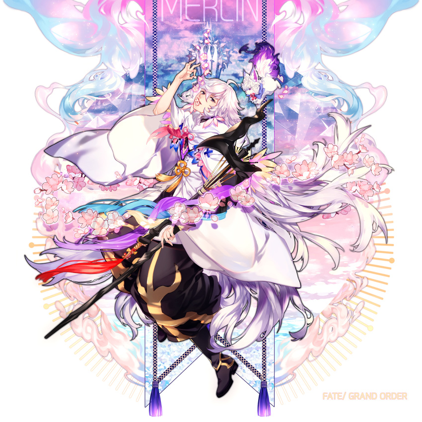 1boy, ahoge, black_footwear, black_pants, cherry_blossoms, fate/grand_order, fate_(series), fou_(fate)