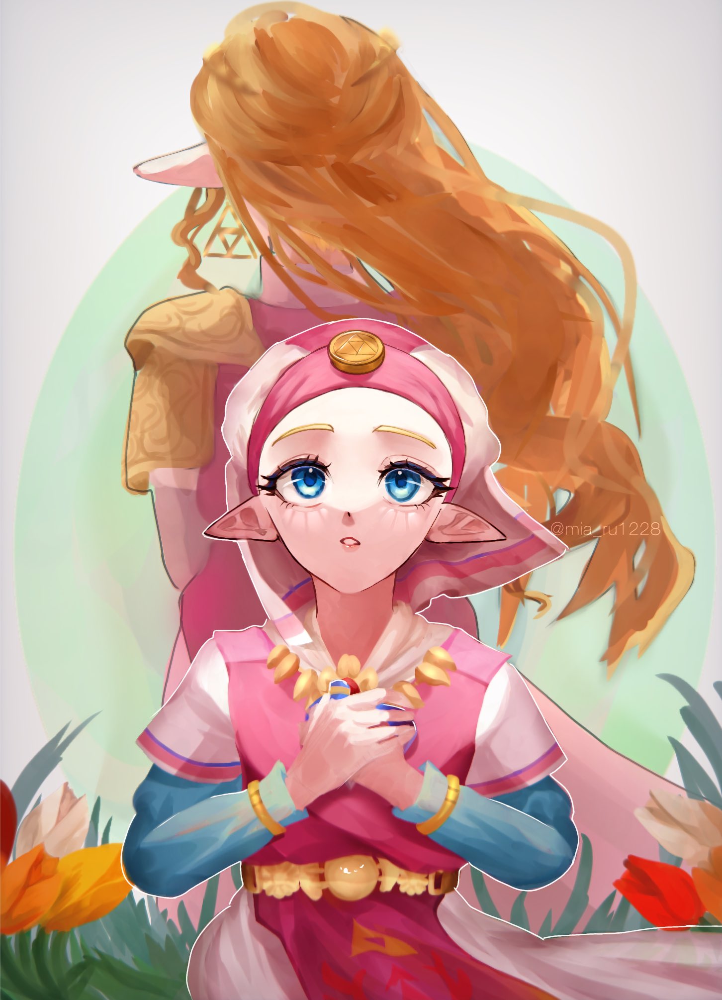 2girls, age_difference, armor, back-to-back, blonde_hair, blue_eyes, blue_sleeves, dress, dual_persona, earrings, flower, headdress, height_difference, highres, holding, holding_instrument, instrument, jewelry, long_hair, mia_ru1228, multicolored_clothes, multicolored_dress, multiple_girls, ocarina, own_hands_together, pauldrons, pink_dress, pointy_ears, princess, princess_zelda, short_hair, shoulder_armor, the_legend_of_zelda, the_legend_of_zelda:_ocarina_of_time, time_paradox, triforce_earrings, triforce_print, white_dress