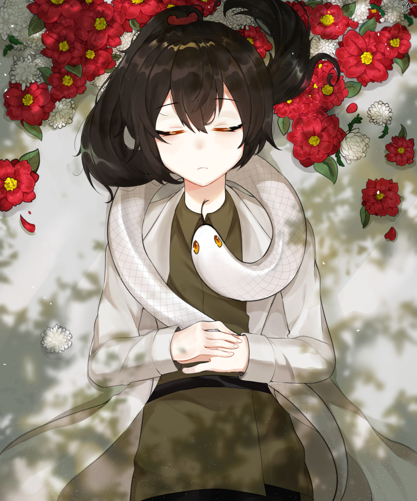 1girl, absurdres, belt, black_belt, brown_hair, carmen_(project_moon), closed_eyes, closed_mouth