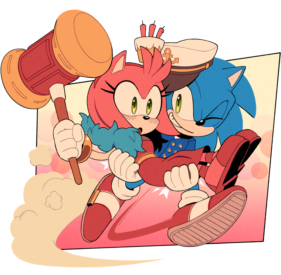 1boy, 1girl, amy_rose, anchor_symbol, animal_ears, animal_nose, arm_up, blue_fur