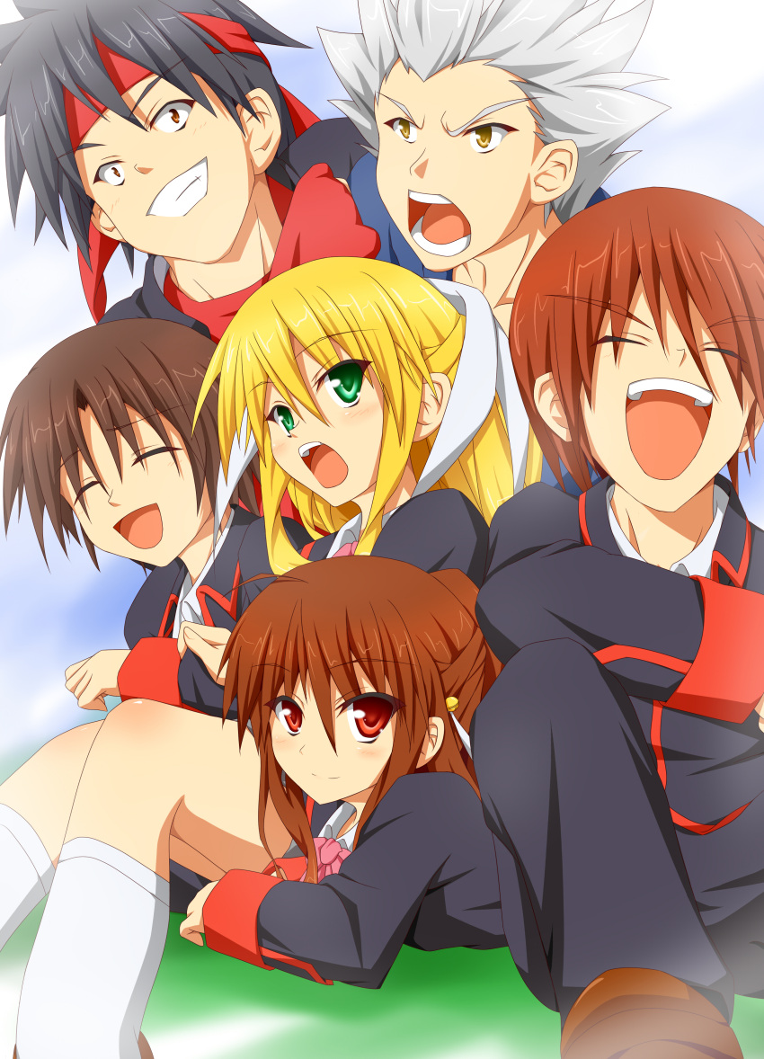 black_hair, blonde_hair, brown_hair, green_eyes, headband, highres, inohara_masato, japanese_clothes