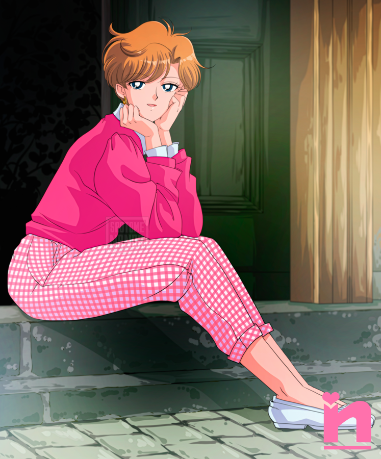 bishoujo_senshi_sailor_moon, blonde_hair, blue_eyes, door, looking_at_viewer, on_floor, pants, parted_bangs