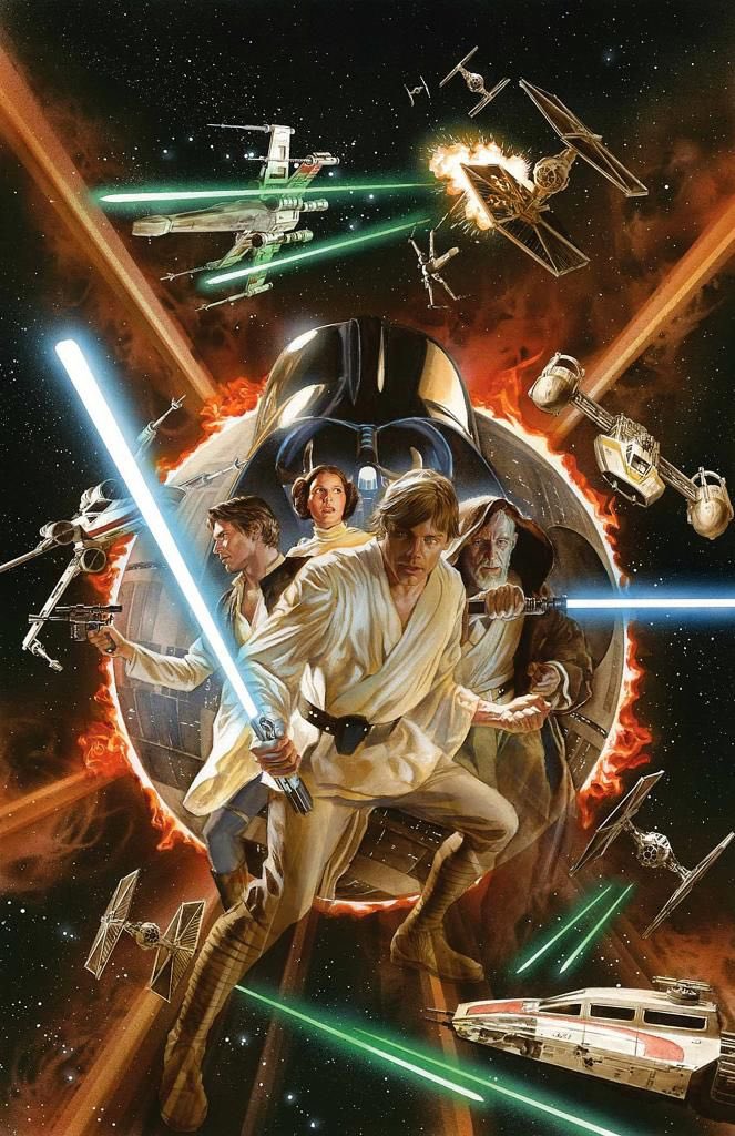 1girl, 4boys, aerial_battle, alex_ross, battle, death_star, dogfight, energy_sword